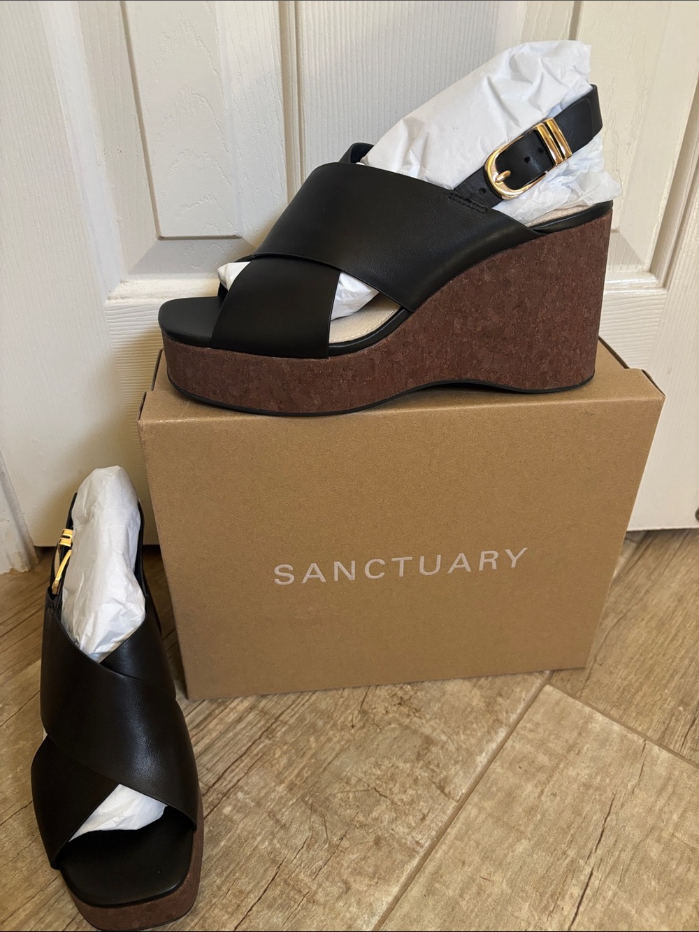 Sanctuary Black Crisscross Leather Wedge Sandals with Gold Buckle- New In Box
